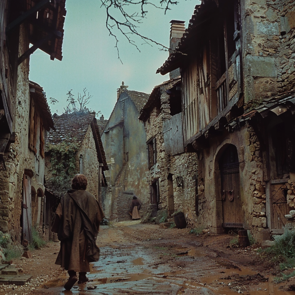 Medieval peasant walking in village