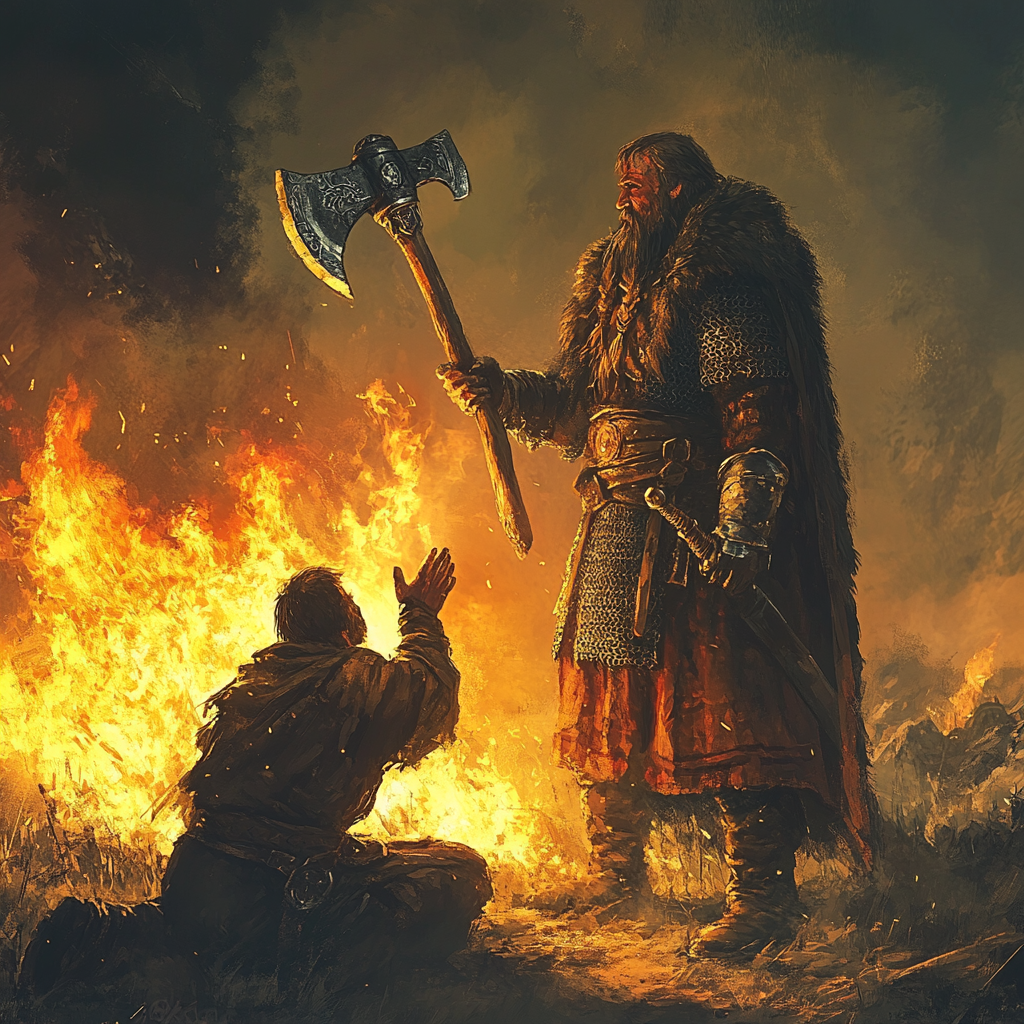 medieval peasant pleading to viking king with flaming axe.