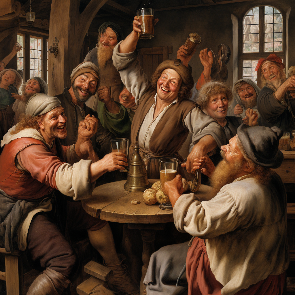 Fun-loving medieval peasants enjoying drinks and laughter