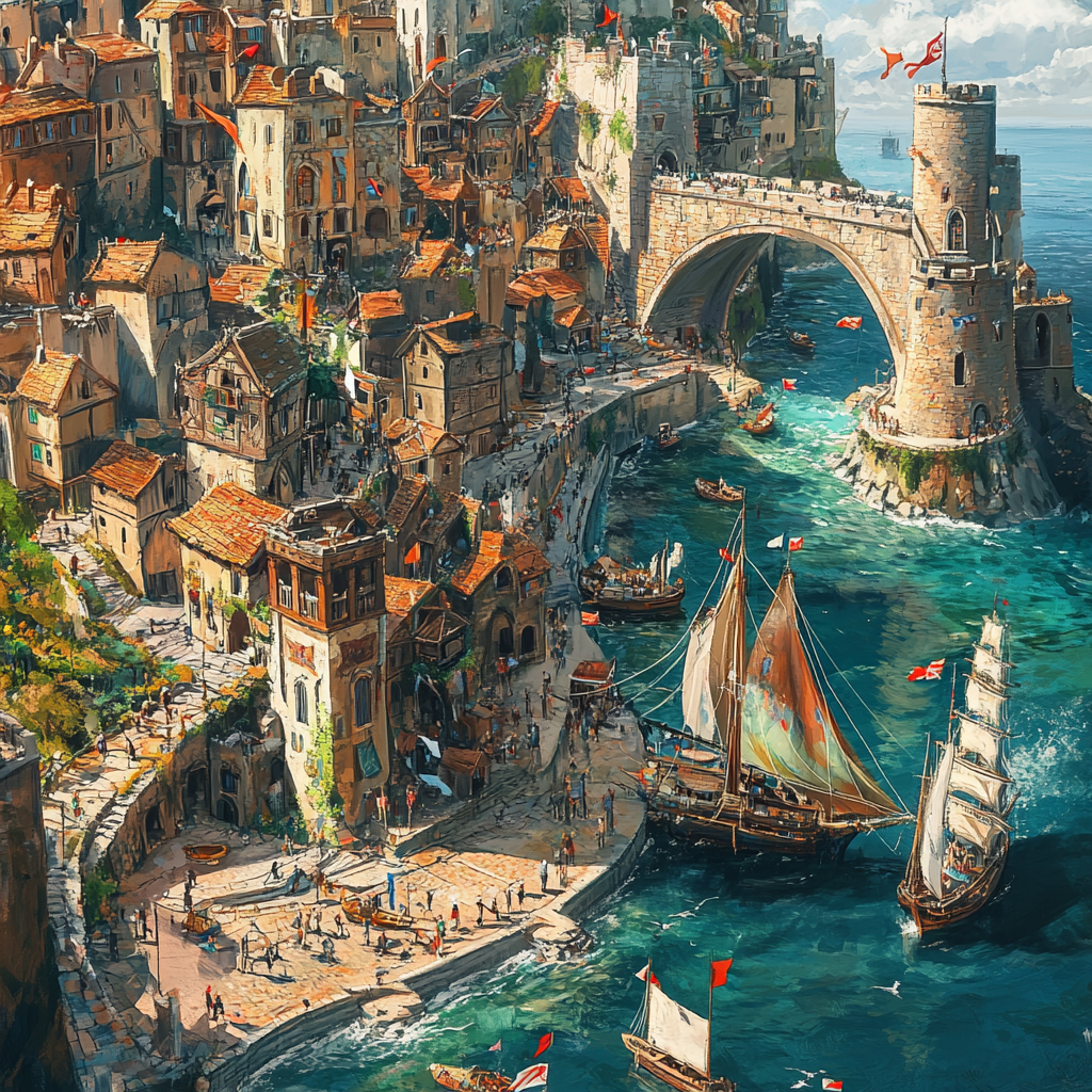 Medieval port city fantasy art scene