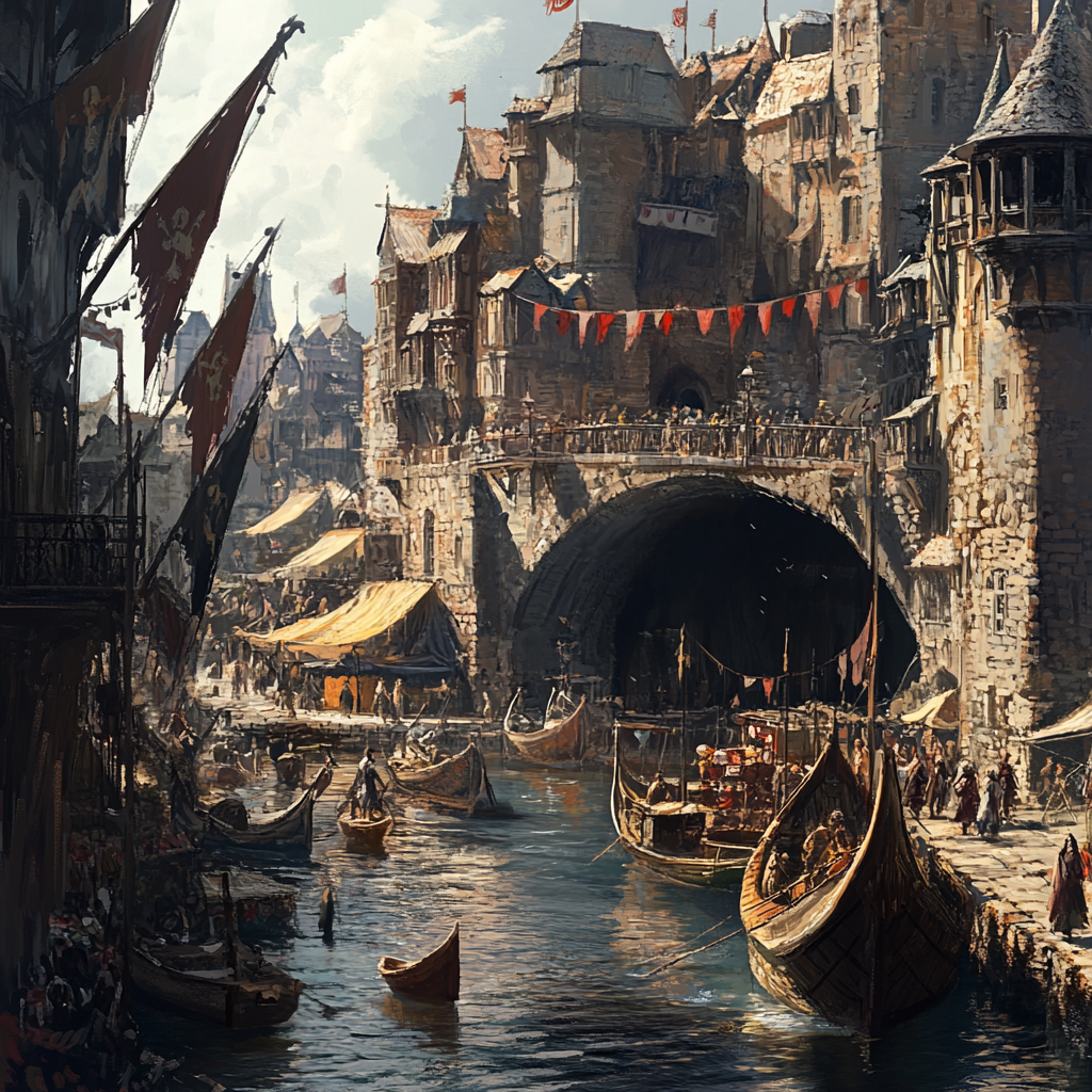 Medieval port city with vendors and flags