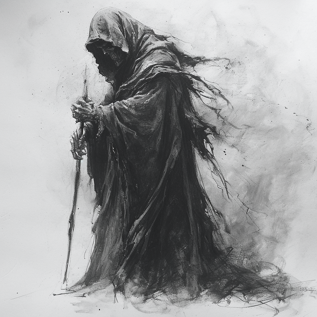 Emaciated priest in dark robes