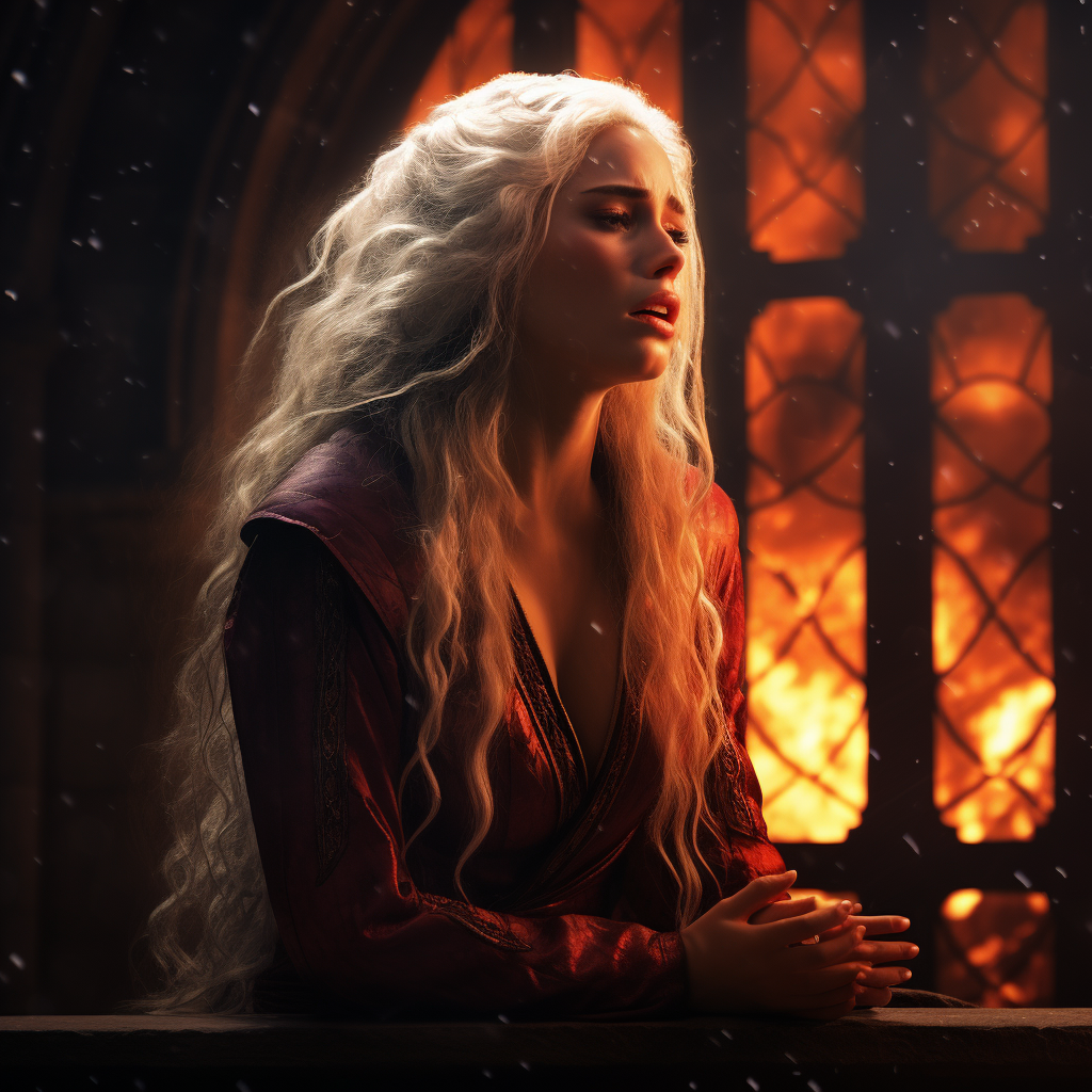 Young medieval queen Targaryen crying in pain