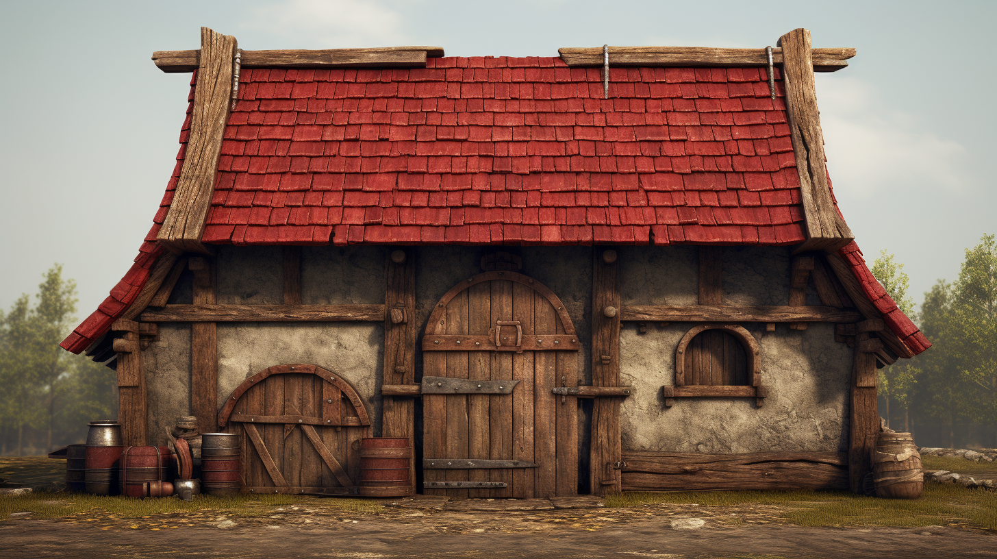 Small medieval red barn with closed doors