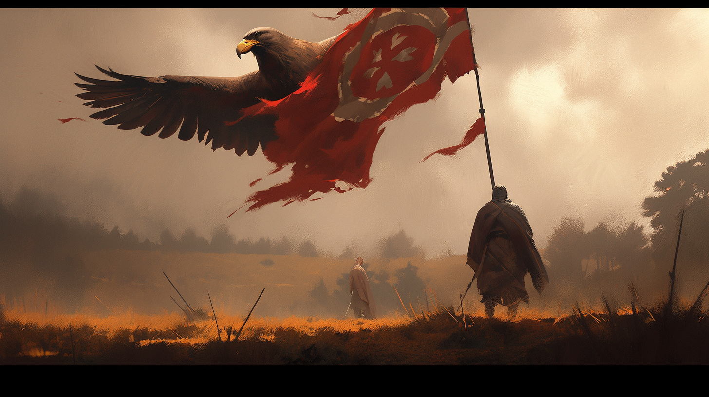 Illustration of Medieval Red Flag with Golden Eagle