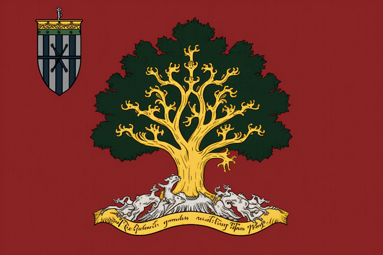 Crest with flags, vexillology, and seashell on pine tree