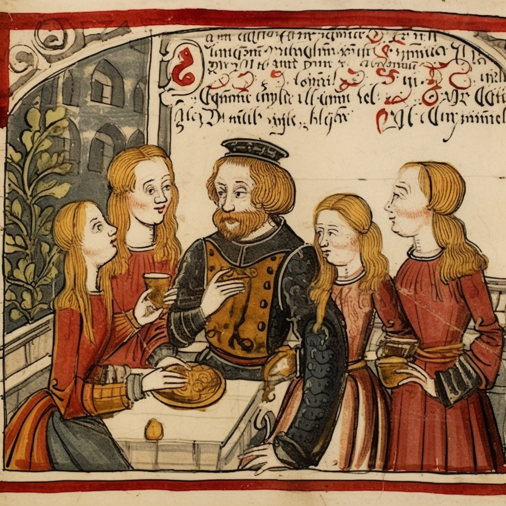 Medieval caricature of a wealthy man surrounded by girls and wine