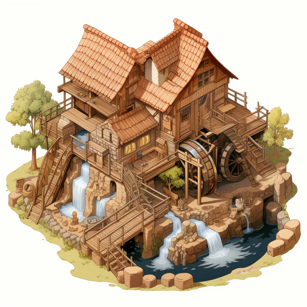 Isometric drawing of a medieval sawmill