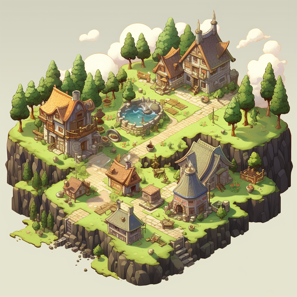 Isometric view of charming medieval settlement