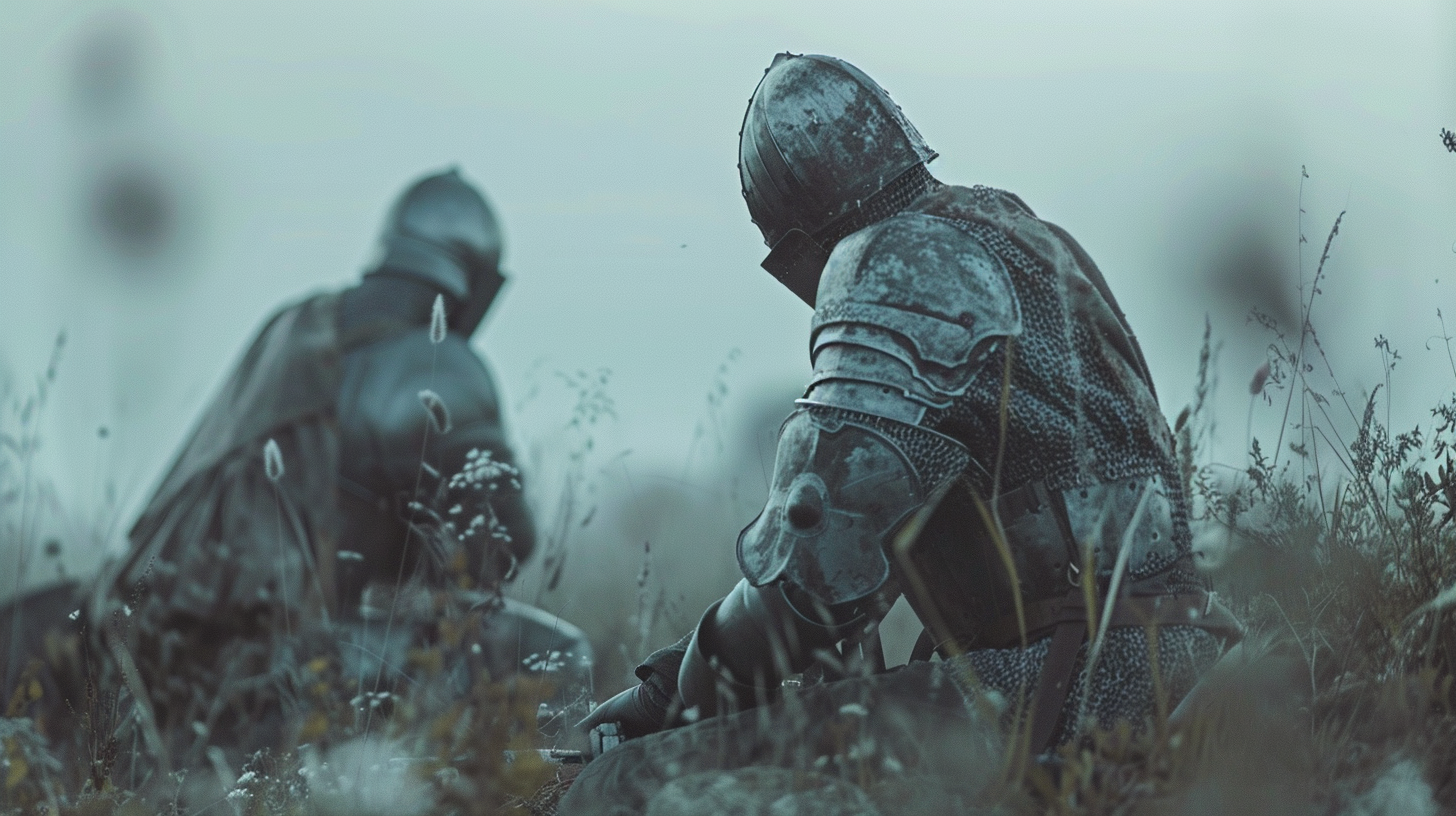 Medieval soldiers mourning fallen friend