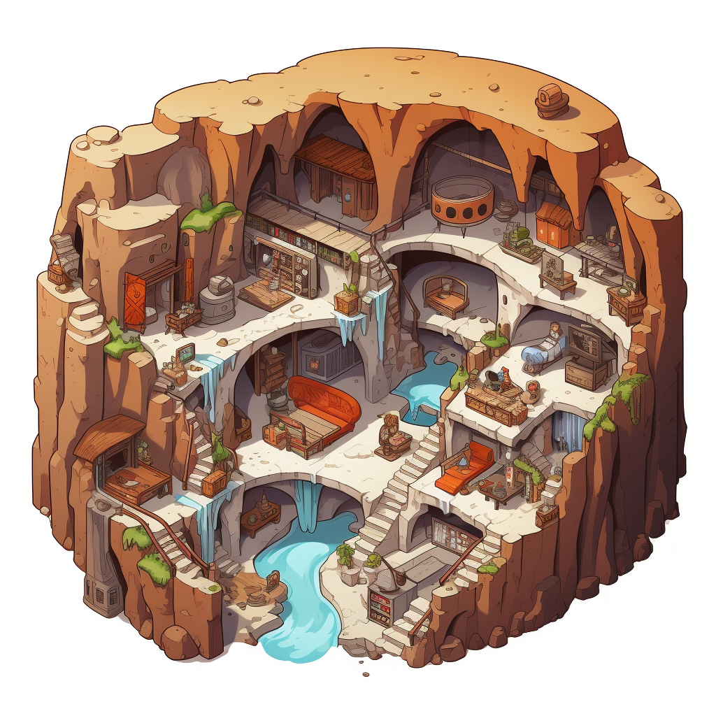 Isometric drawing of a medieval spy cave hideout