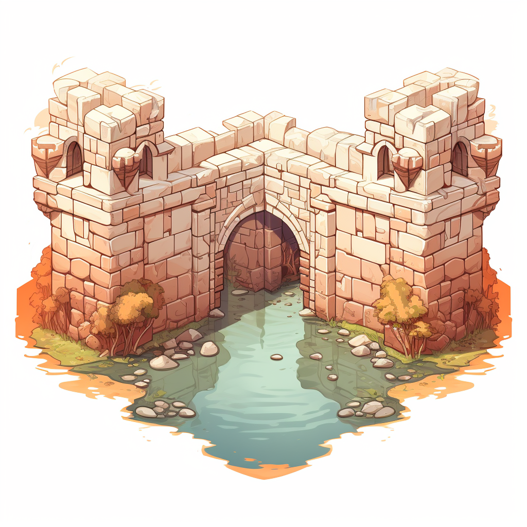 Isometric drawing of medieval stone wall with moat