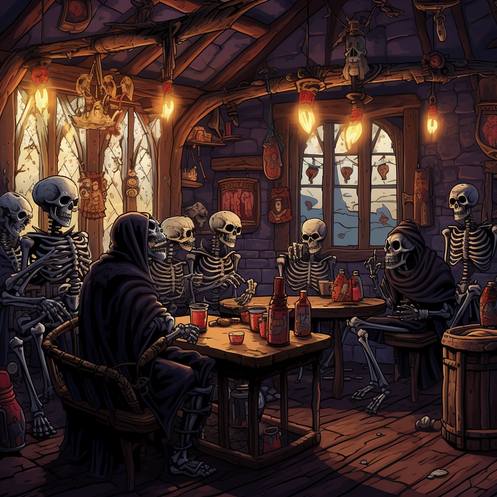 Skeletons in Dark Robes Drinking Beer