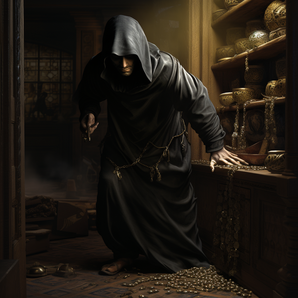 Medieval thief stealing gold jewels