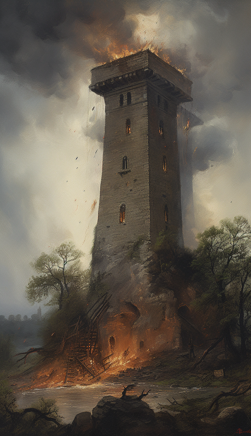 Image of a medieval tower on fire