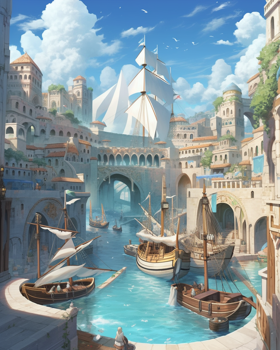 medieval port town illustration