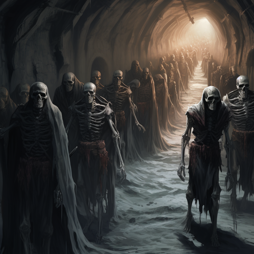 Undead soldiers walking in medieval tunnel