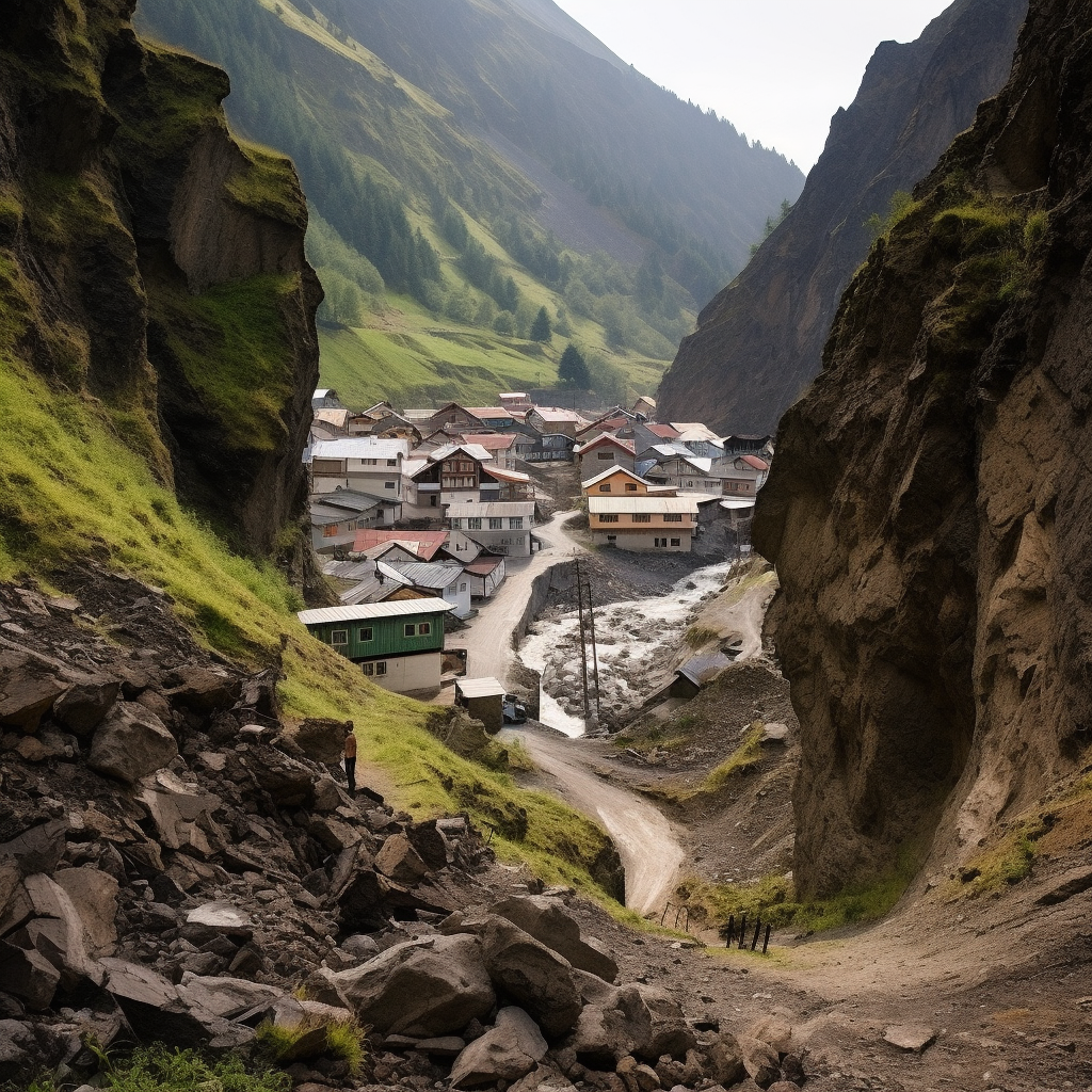 Damaged medieval village after devastating landslide