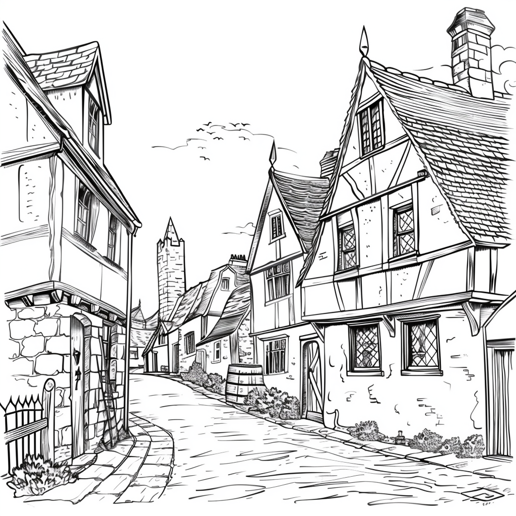 Cartoon Medieval Village England Lineart