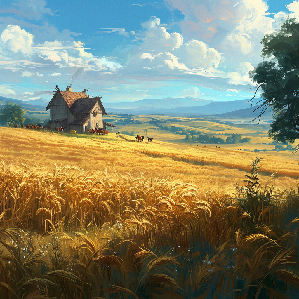 Golden wheat fields in a medieval farmland