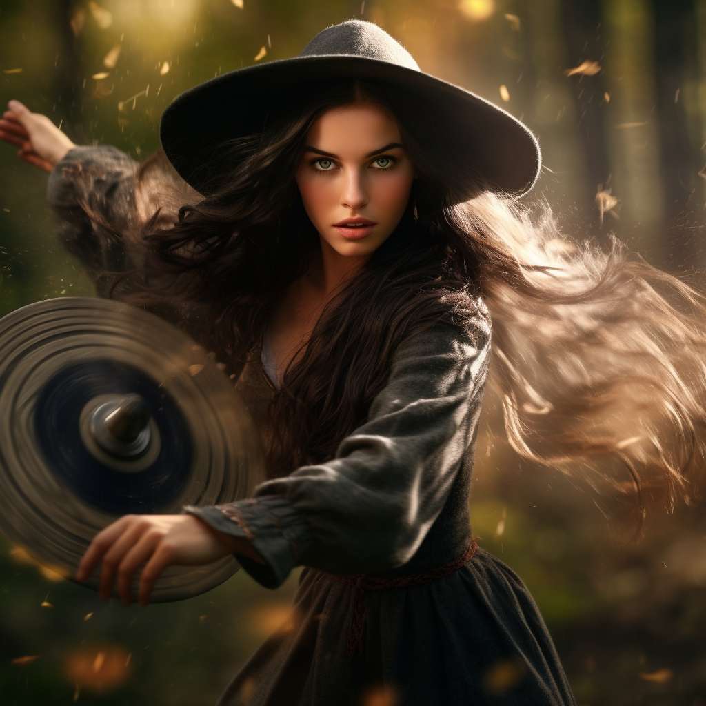 Young Medieval Witch Casting Magical Shield