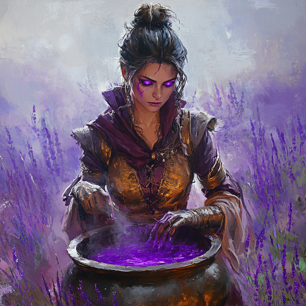 Witch with purple cauldron portrait