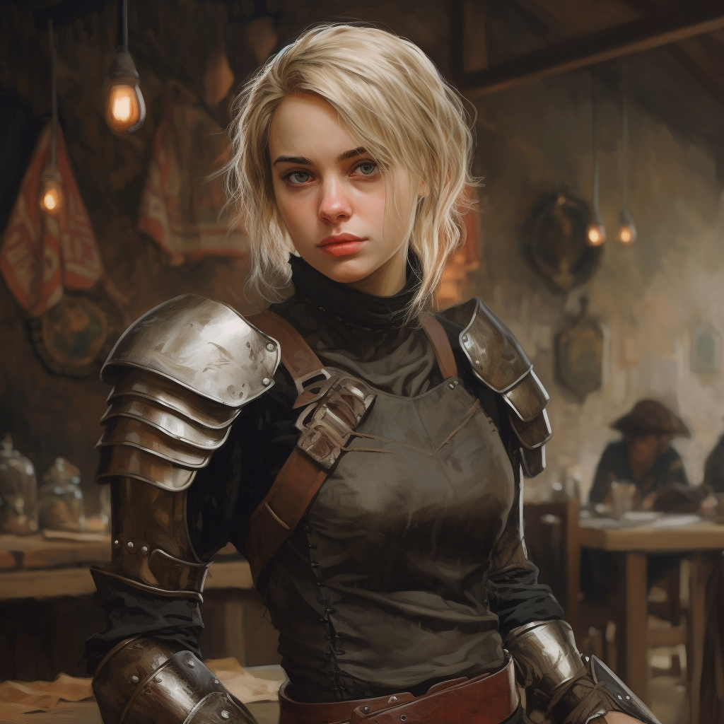 Medieval woman in leather armor at tavern