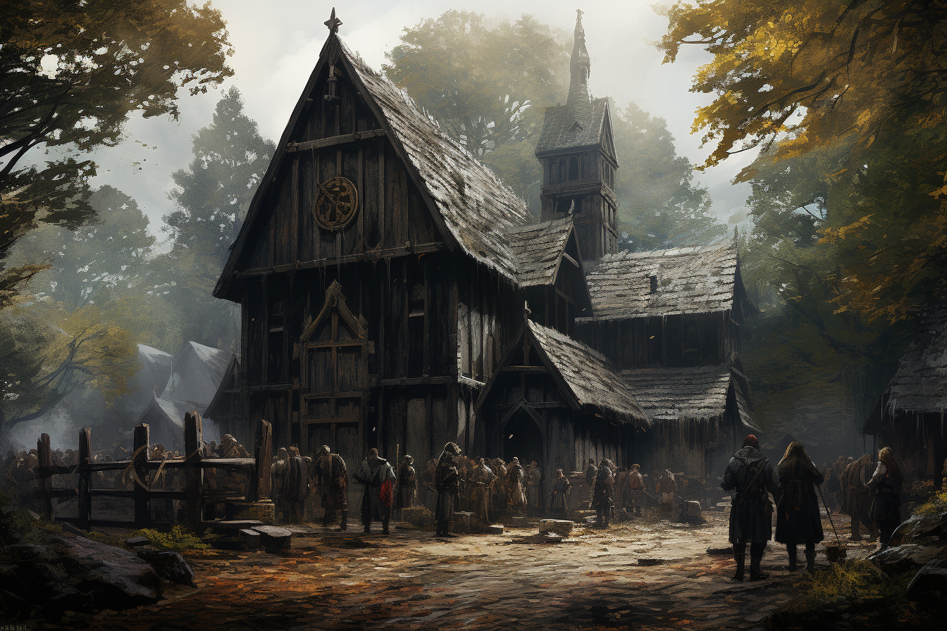 Wooden Church with People in a Fantasy Setting  ?