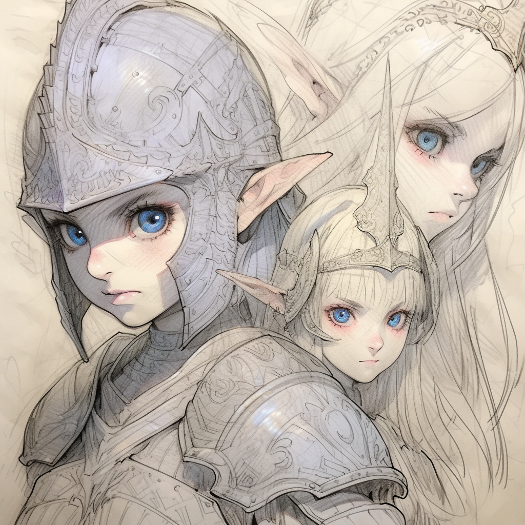 Sketch of three characters in medieval armor