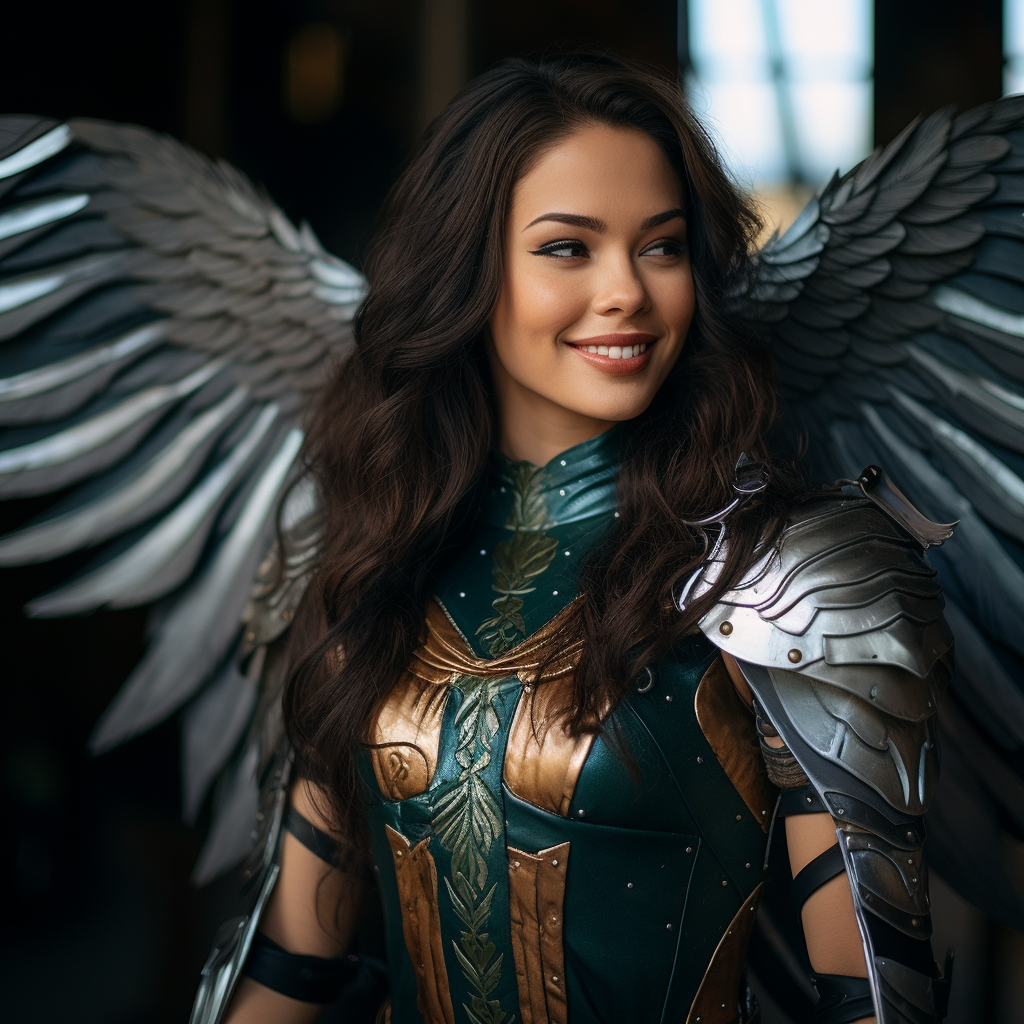 Woman in green and white medieval armor with metal wings