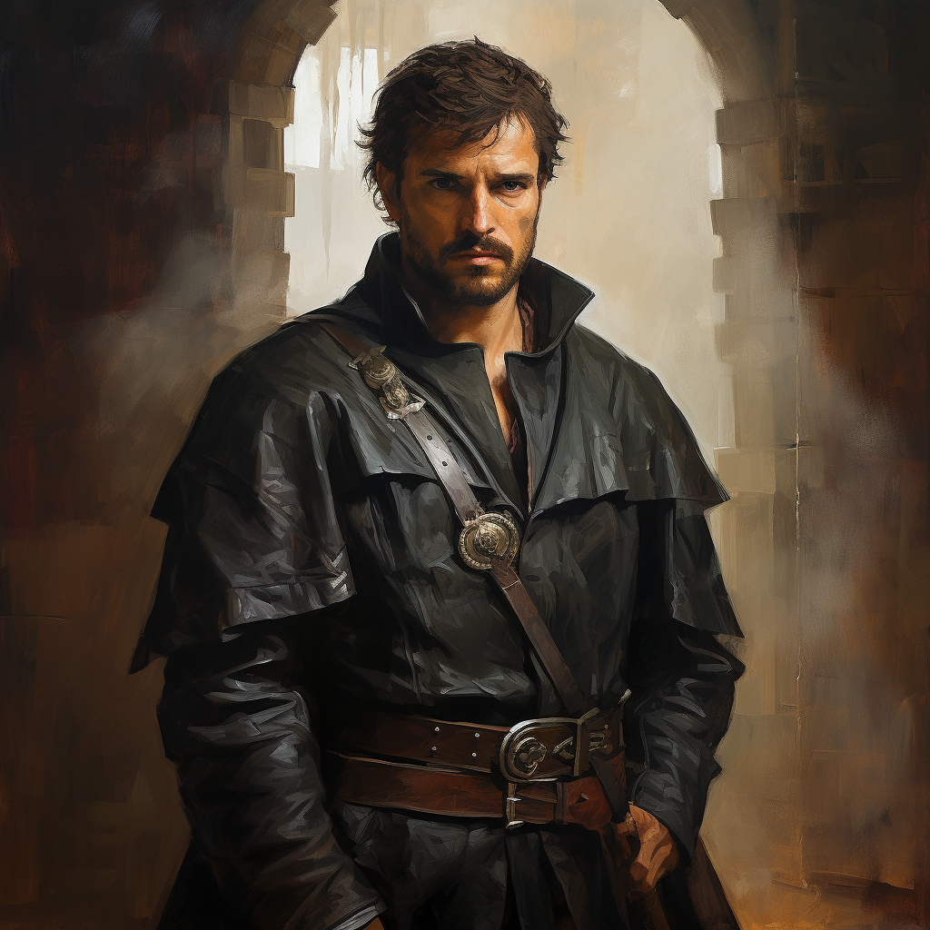 Dark-haired medieval assassin in oil painted dynamic pose