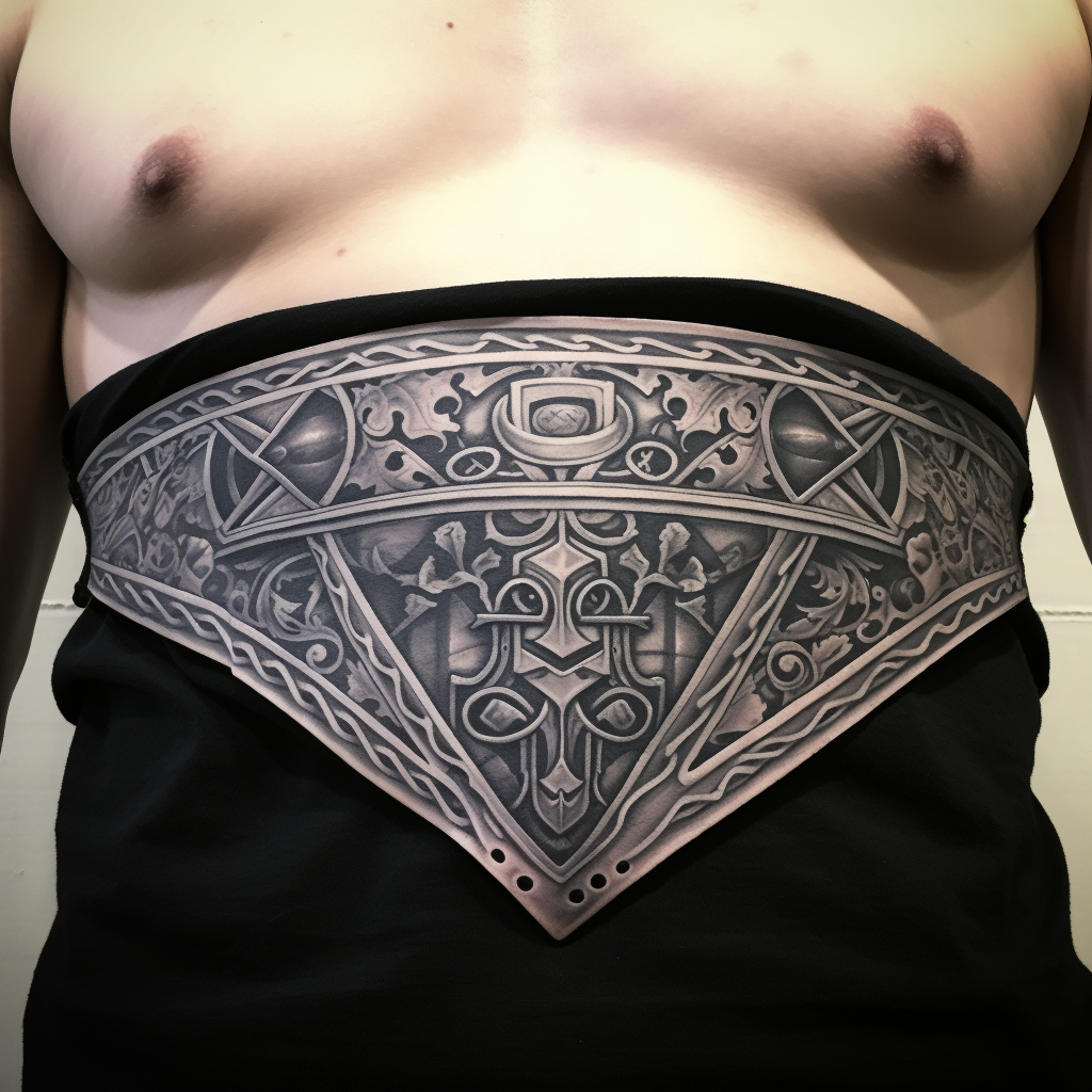 Concise ALT text for the image:  Black and white medieval banner scroll tattoo