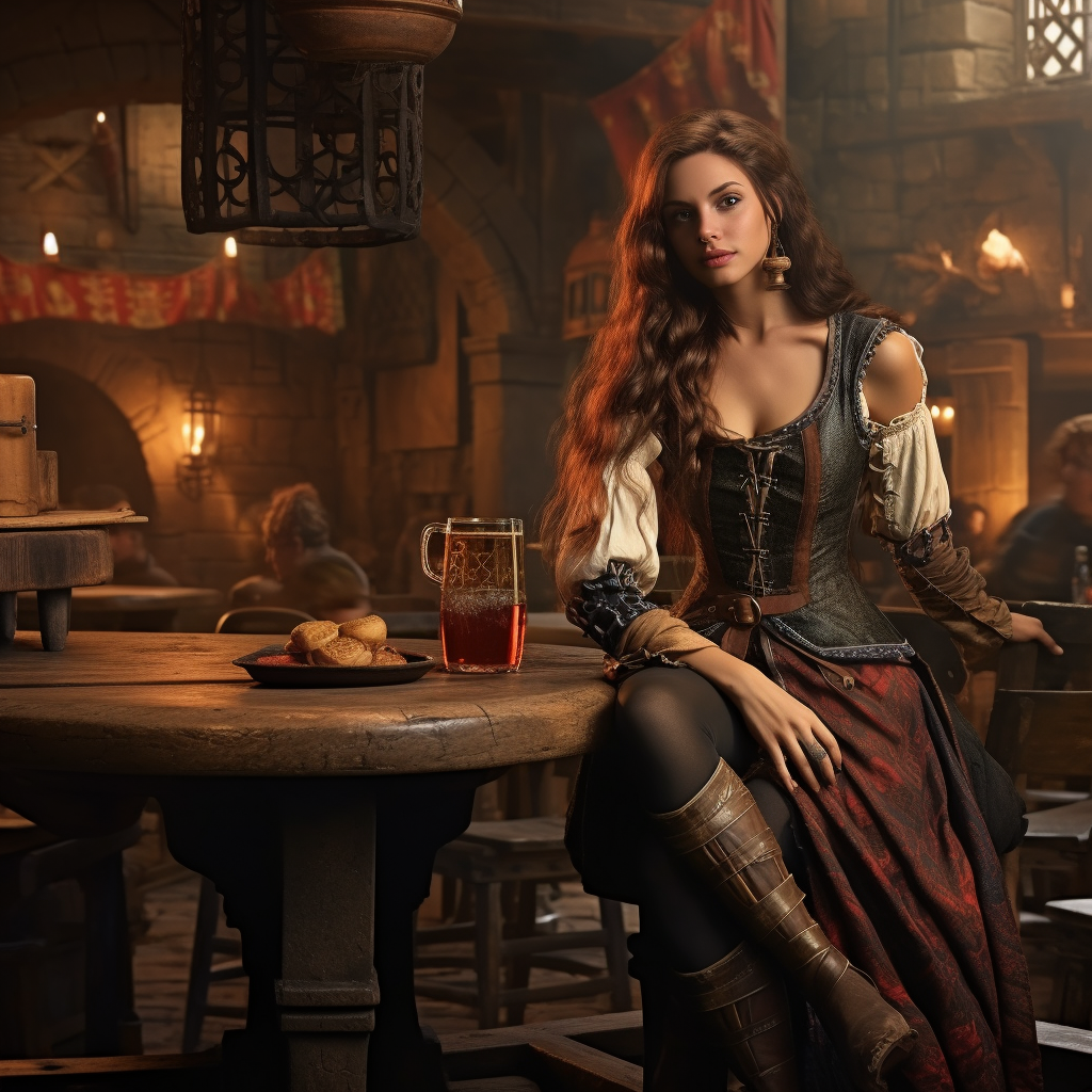 Bar girl in medieval setting serving ale