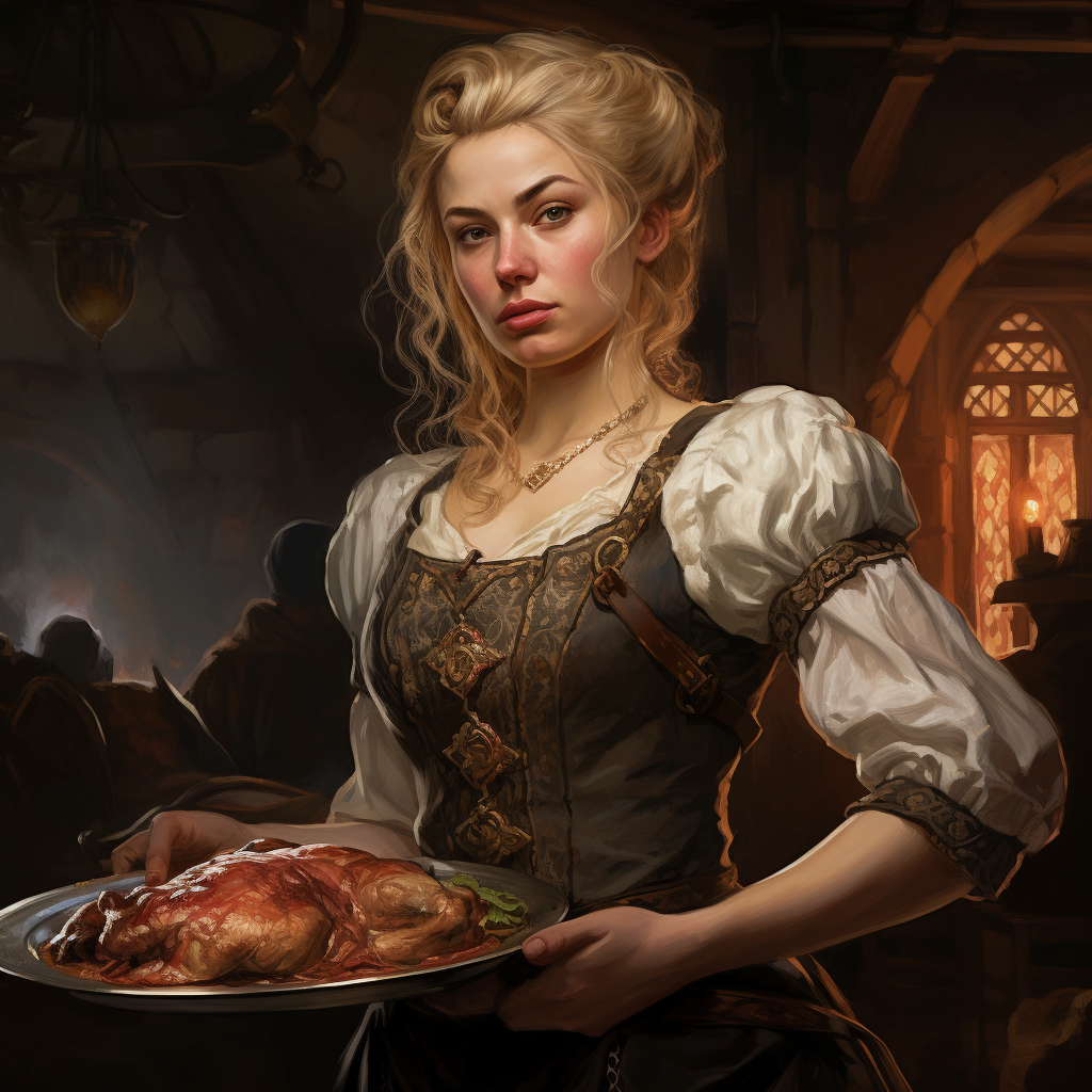 Blonde Barkeep Carrying Platter of Meat