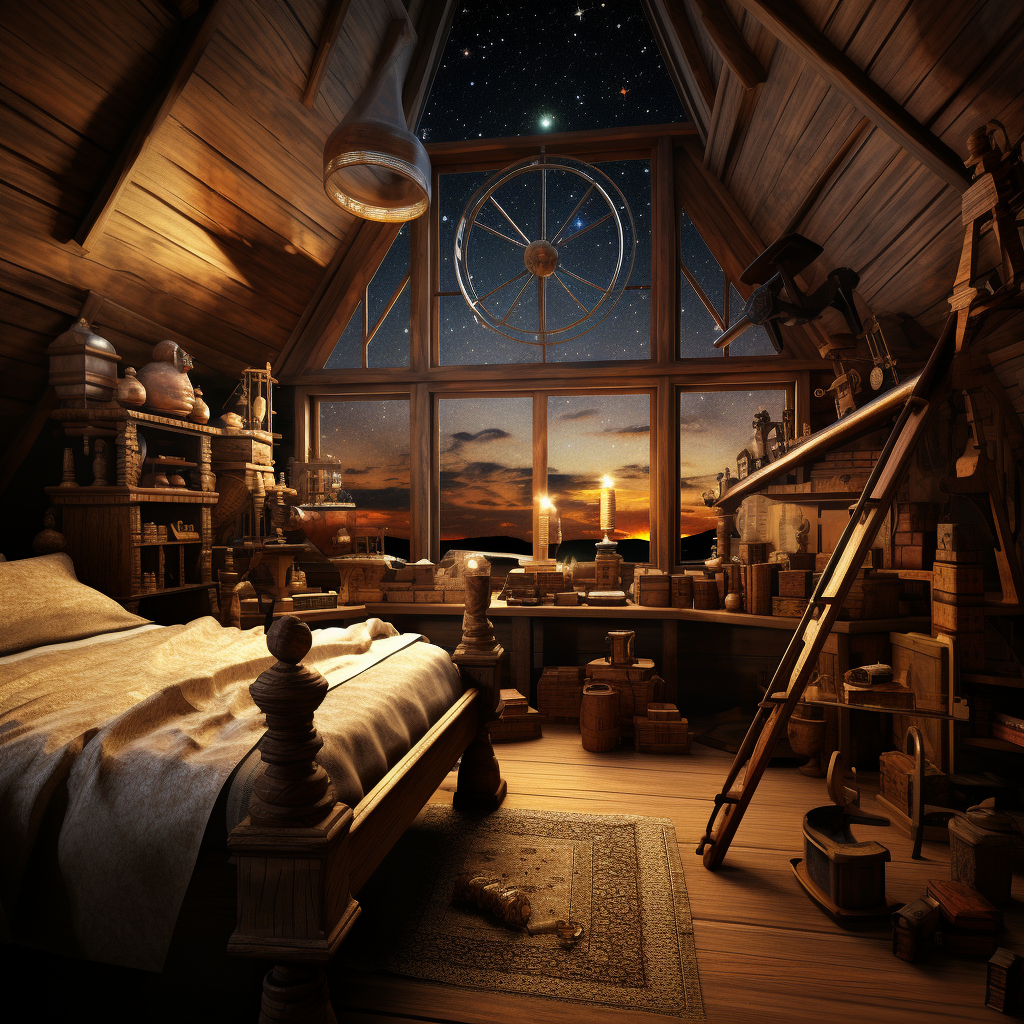 Medieval bedroom with large telescope