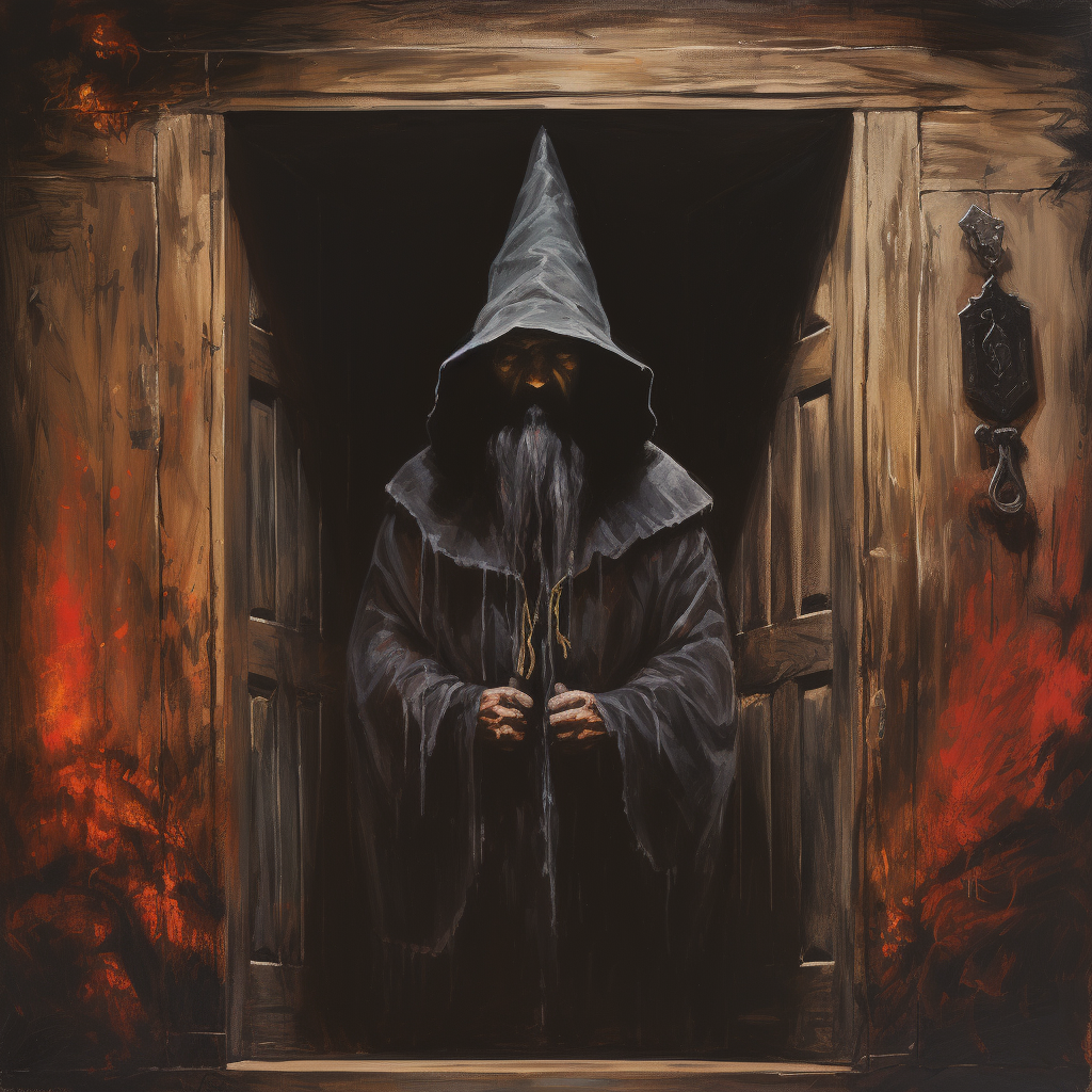 Black hooded man with party hat beside a wooden door