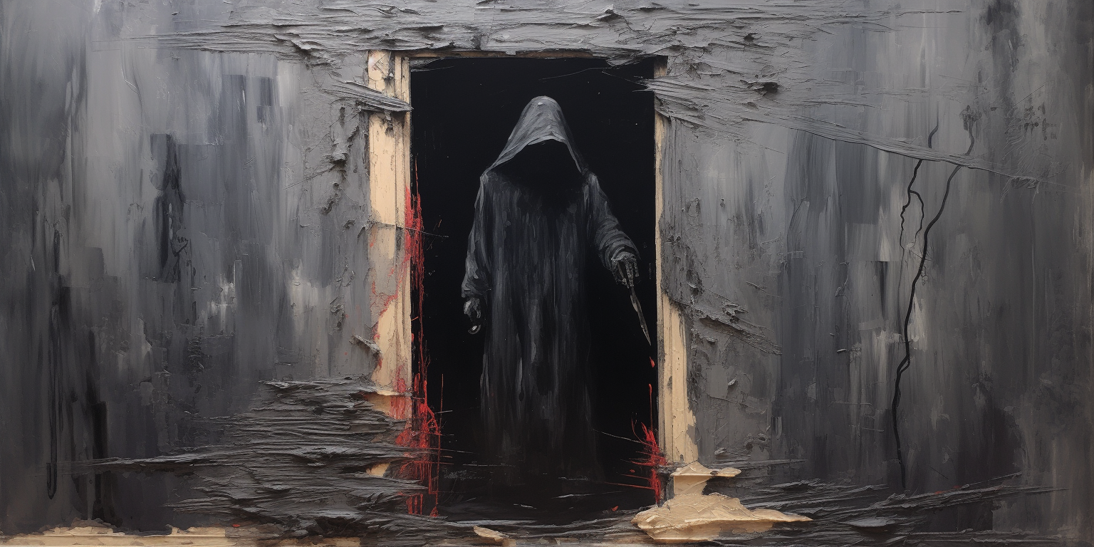 Medieval black hooded man peeping through destroyed door