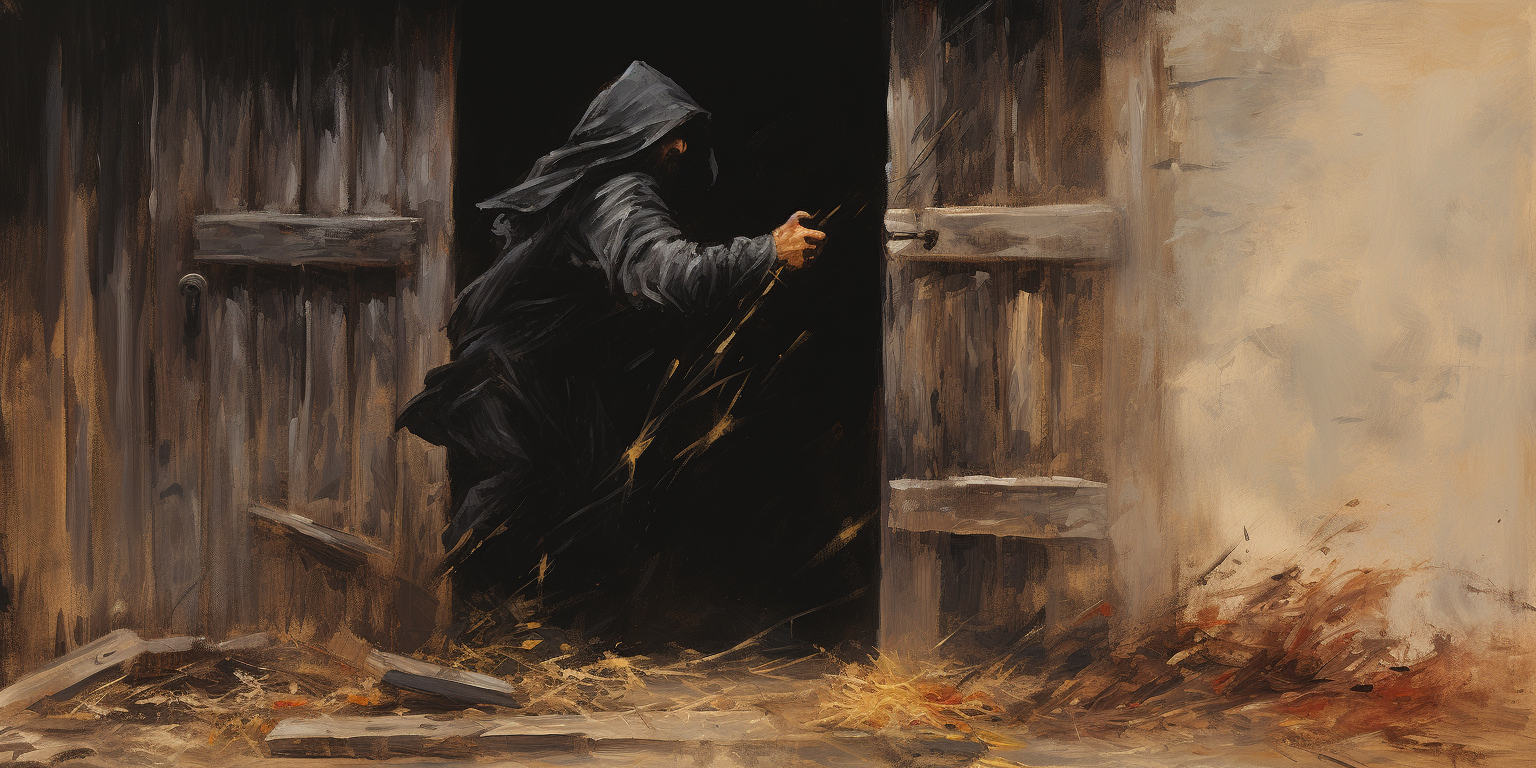 Black hooded man knocking on destroyed wooden door