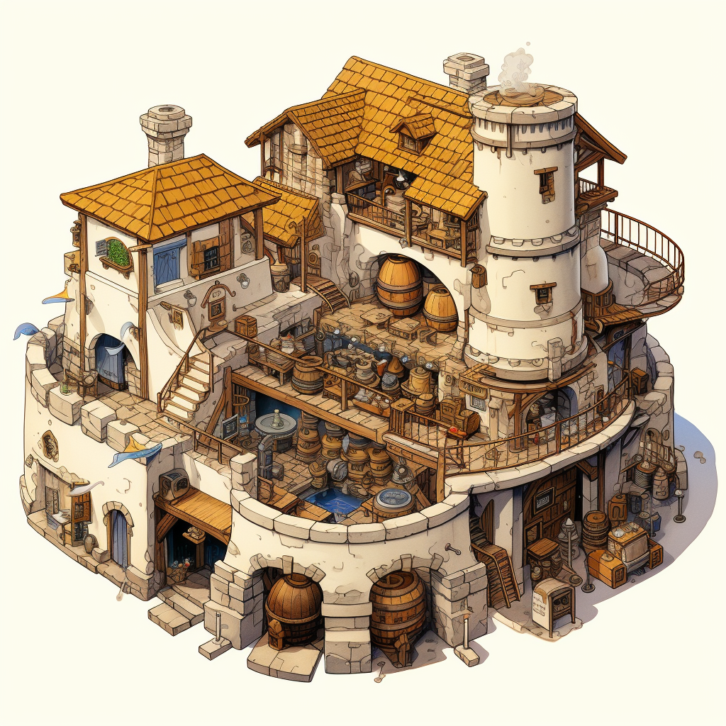 Isometric drawing of a medieval brewery