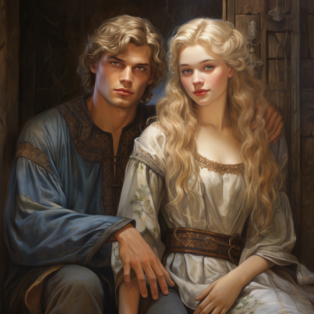 Medieval brother and sister with blonde hair and blue eyes