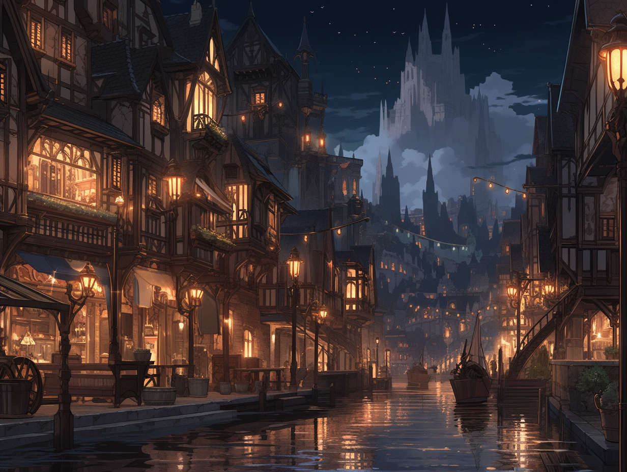 Nighttime gothic streets in a medieval city