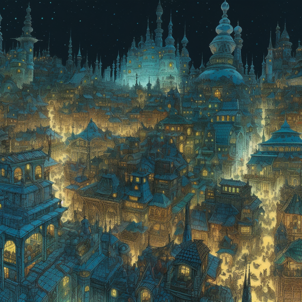 Medieval city skyline at night