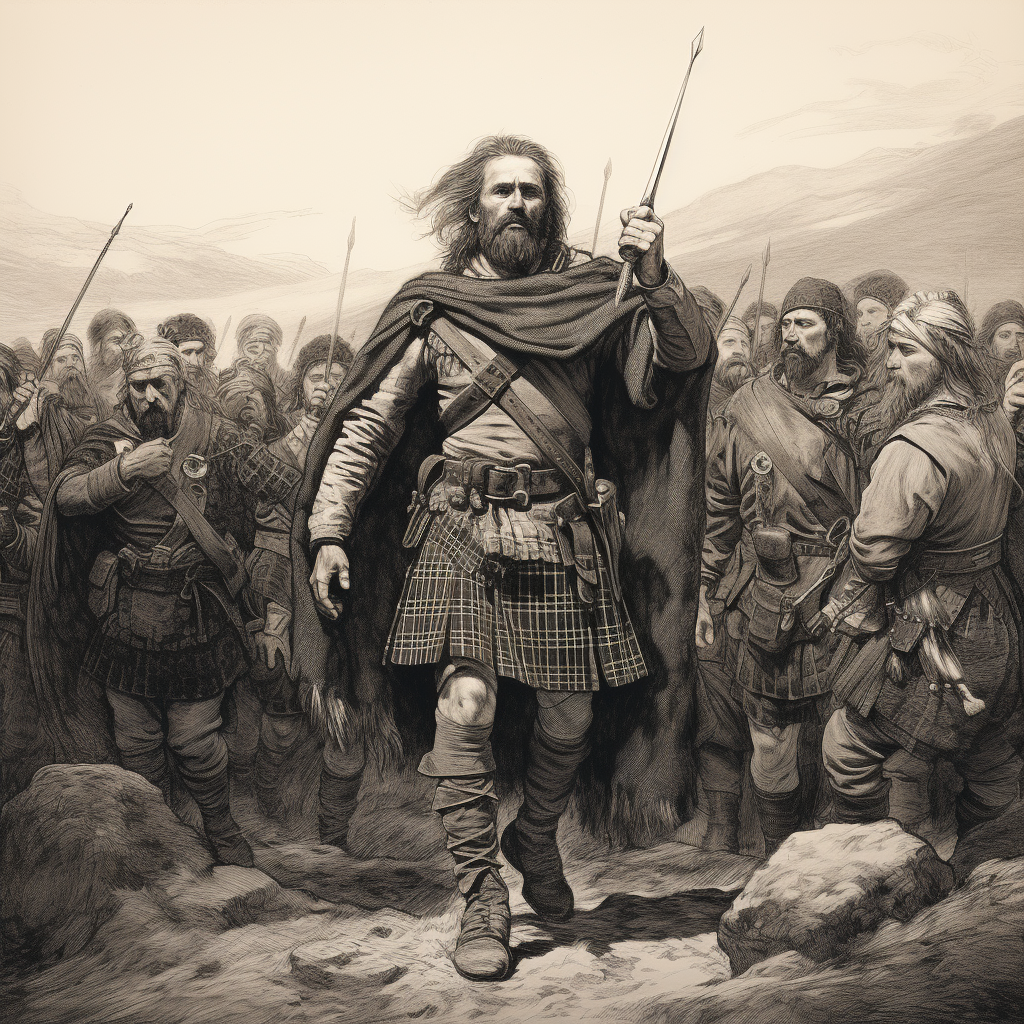 Brave clansman leading kilted clan members into battle