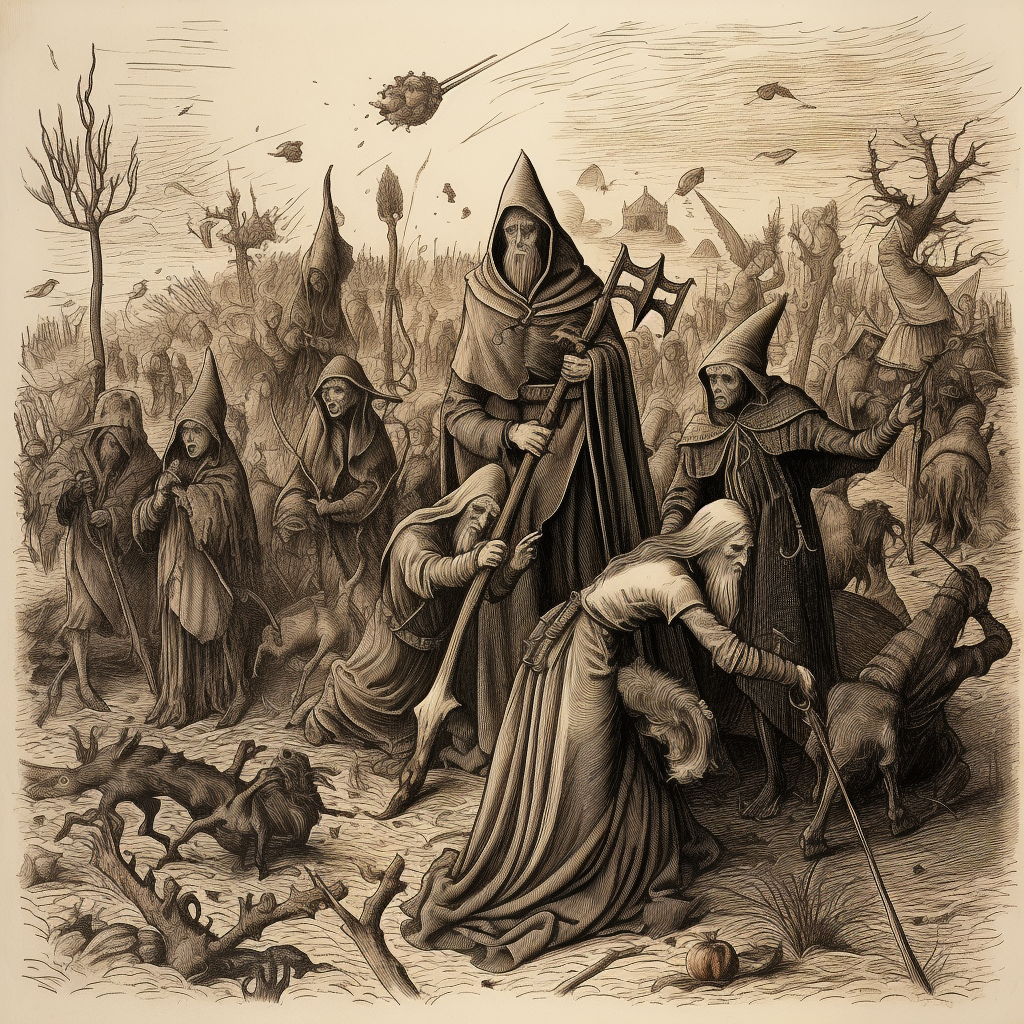 Witch hunting in medieval drawing