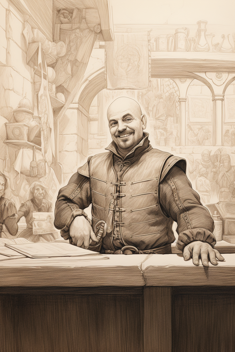 Medieval Engraving of Smiling Bald Salesman