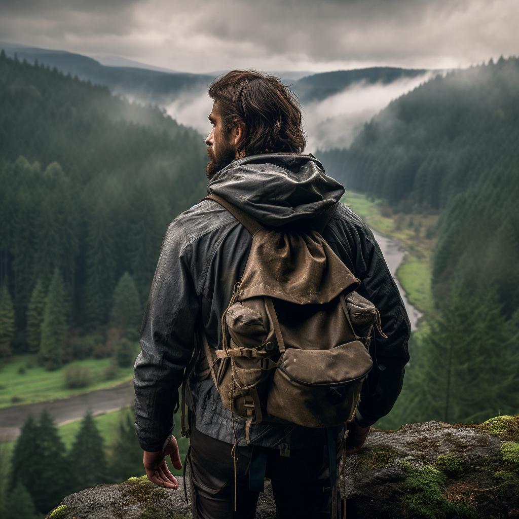 Medieval explorer gazing at wilderness