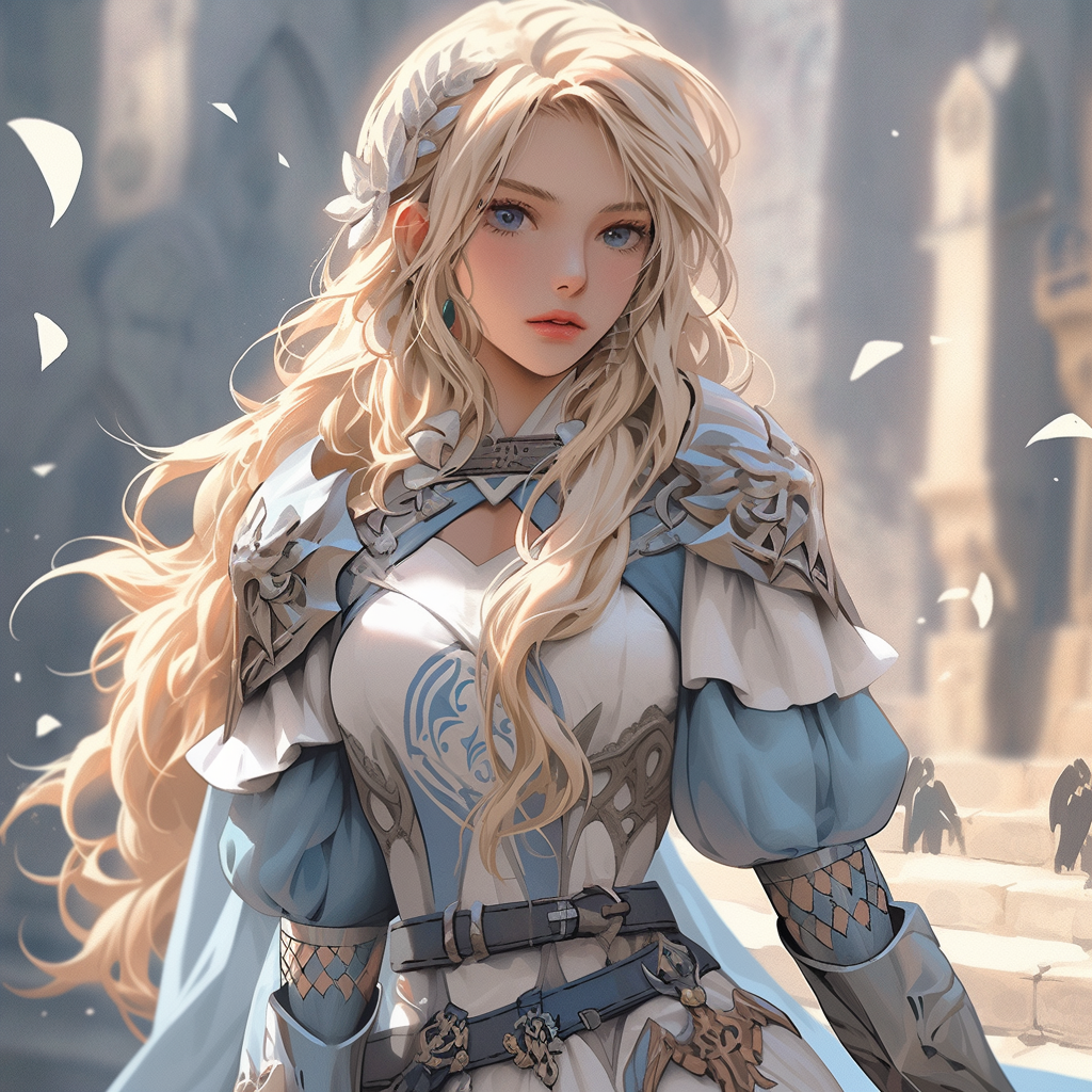 Beautiful blonde bioroid girl in medieval fantasy attire
