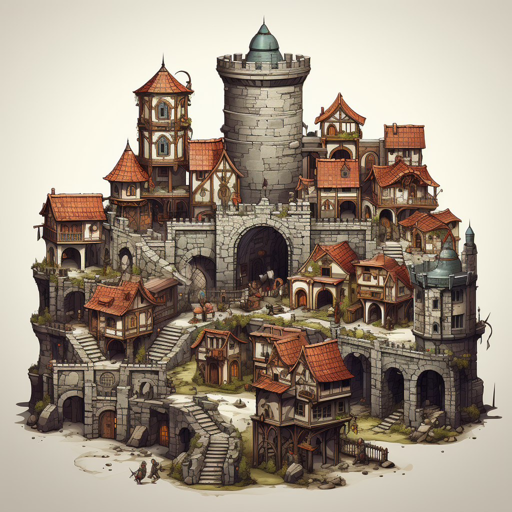 Aerial view of medieval fantasy buildings