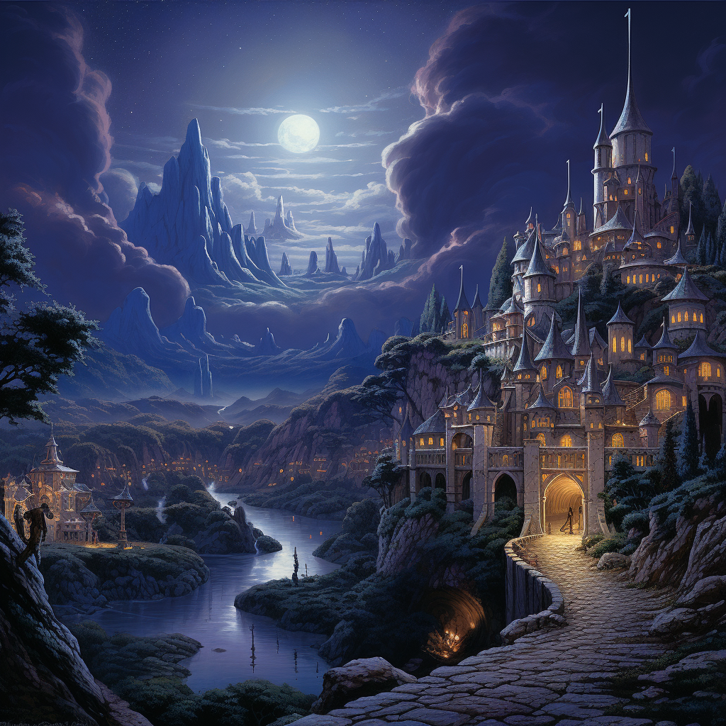 Medieval fantasy village with moonlit sky and spaceship