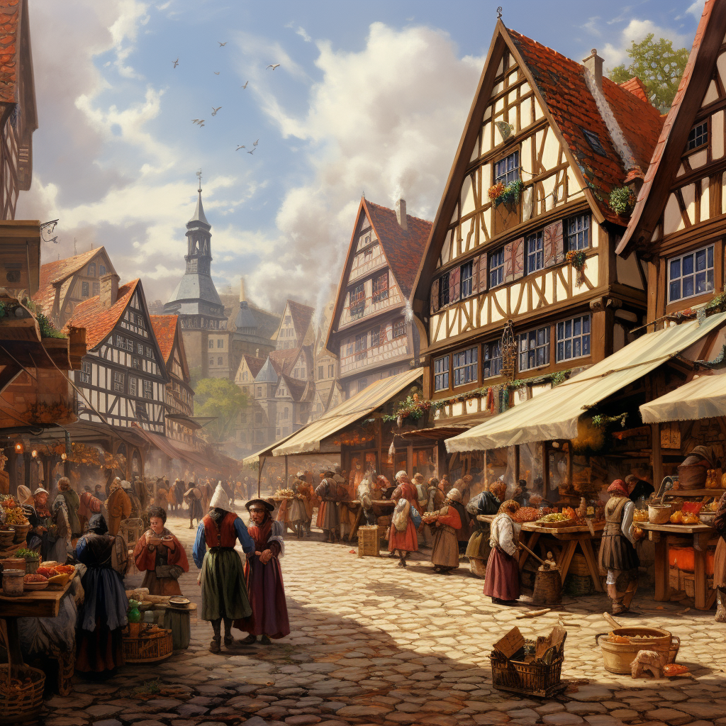 Vibrant medieval German market scene